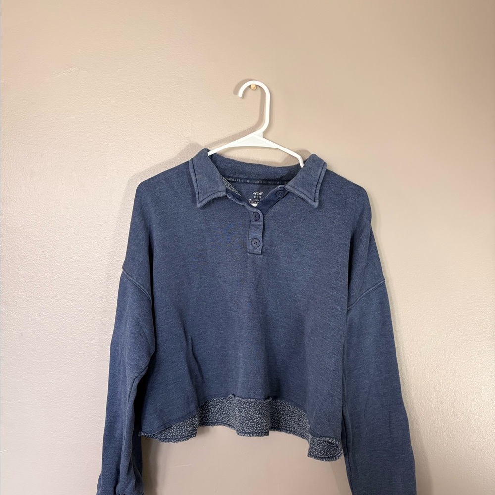 Aerie Blue Cropped Long Sleeve Polo